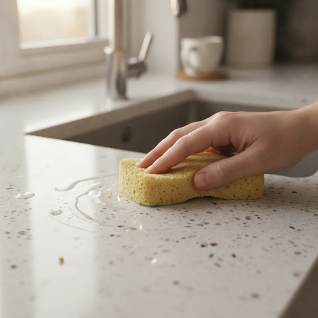 Nettoyage quotidien d'un plan de travail en quartz avec une microfibre