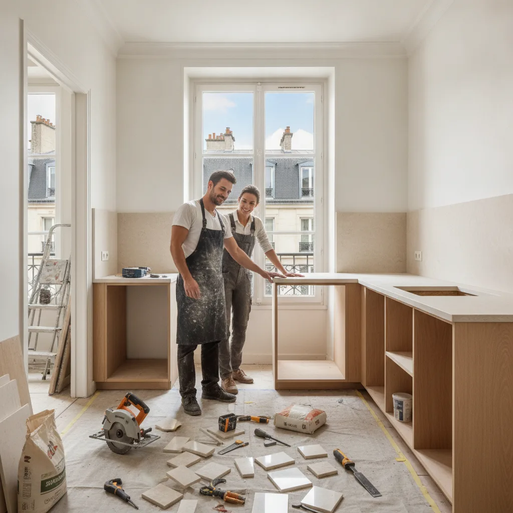 Rénovation cuisine Paris avec plan de travail pierre 2026