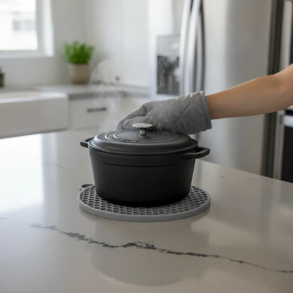 Îlot central avec plan de travail en quartz gris effet béton