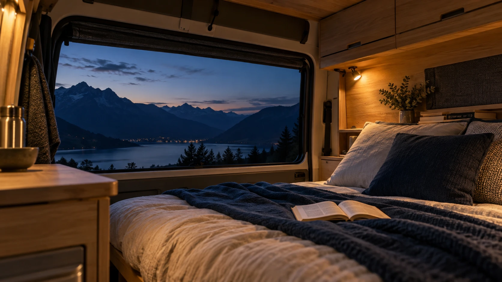 Intérieur chaleureux d’un van aménagé avec vue sur un lac au crépuscule