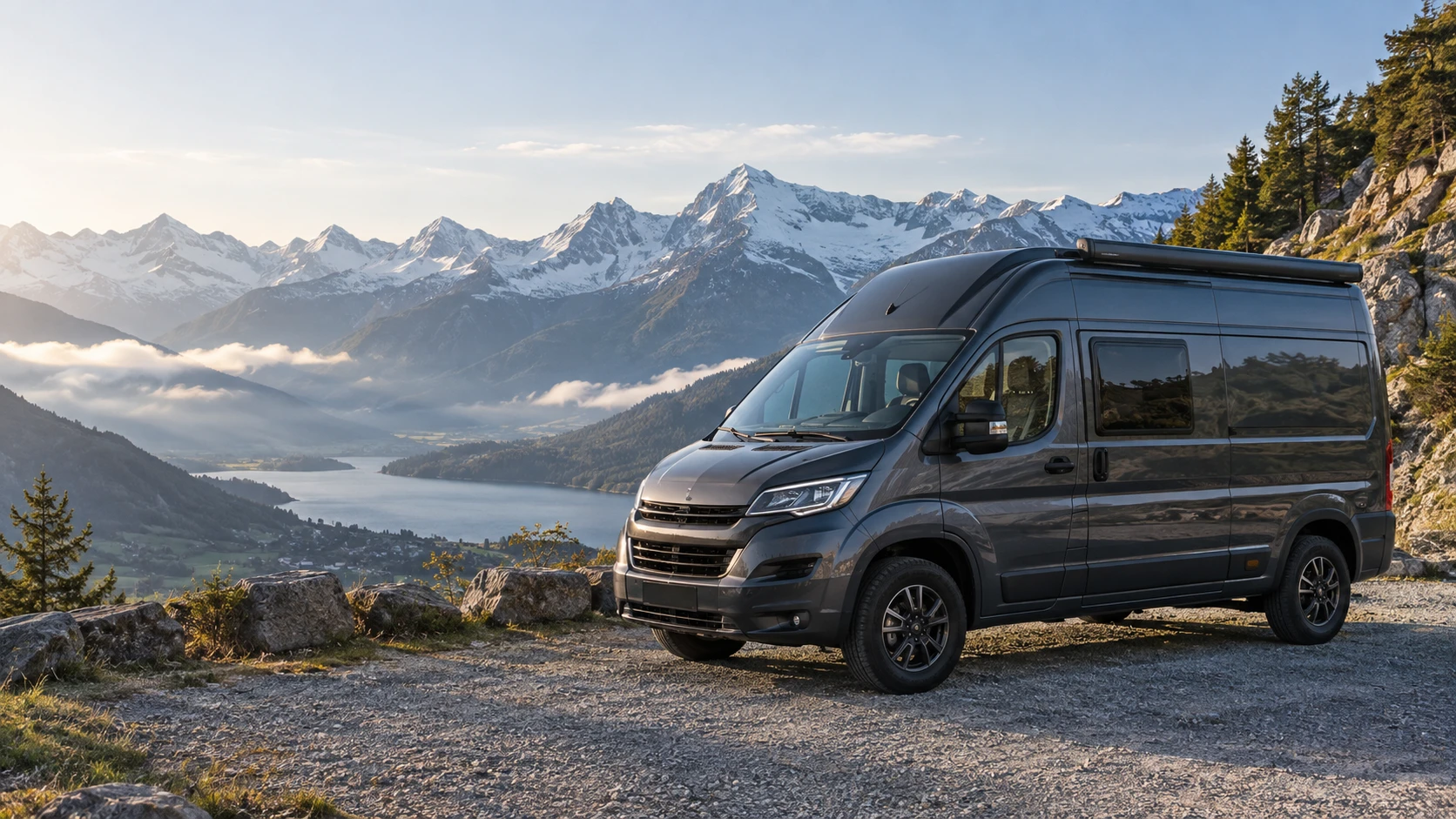 Van aménagé gris stationné face à un lac et aux montagnes alpines